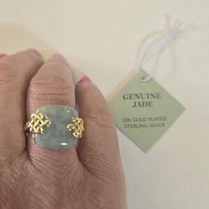 18kt Yellow Gold Plated Over Sterling Silver Genuine Jade Stone Ring